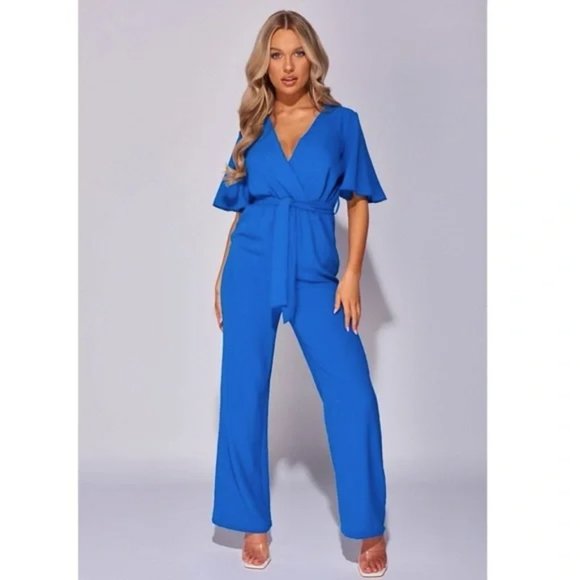 Pants - Blue Short Sleeve V-Neck Loose Fit Wide Leg Jumpsuit Playsuit